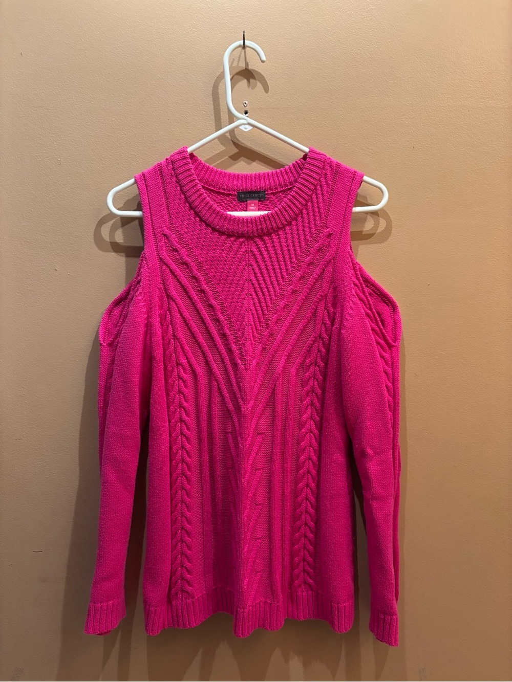 Vince Camuto cold-shoulder sweater hot pink intricate cable-knit size medium